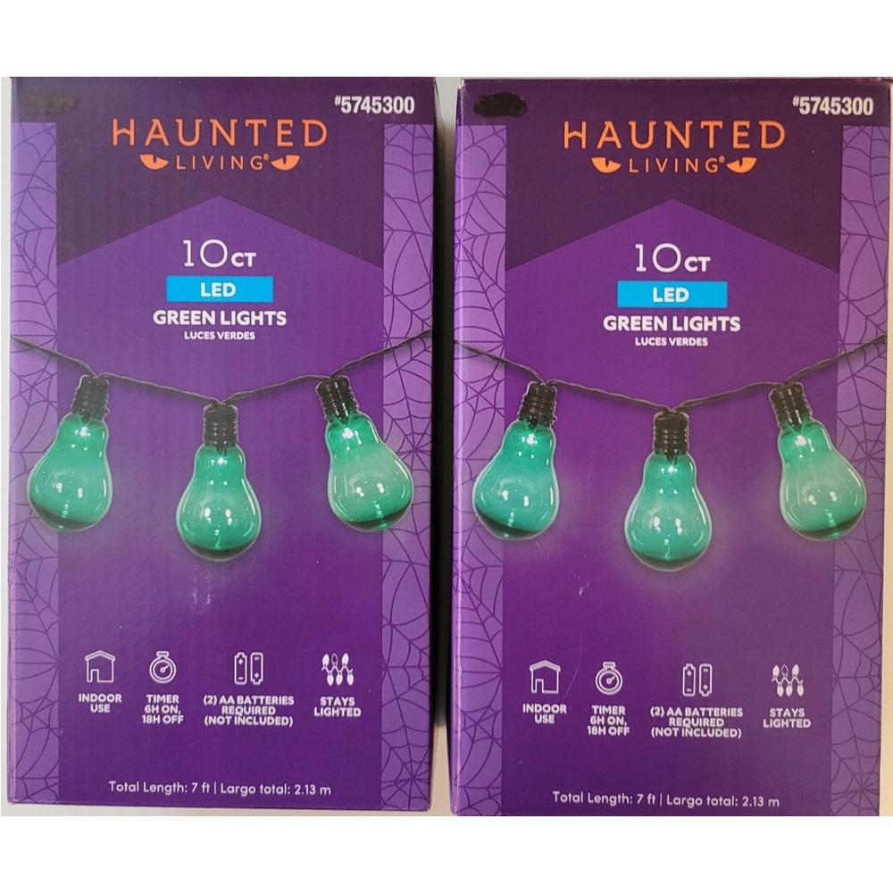 2x Haunted Living 10 Ct Green Edison Style Battery String Lights Halloween LED